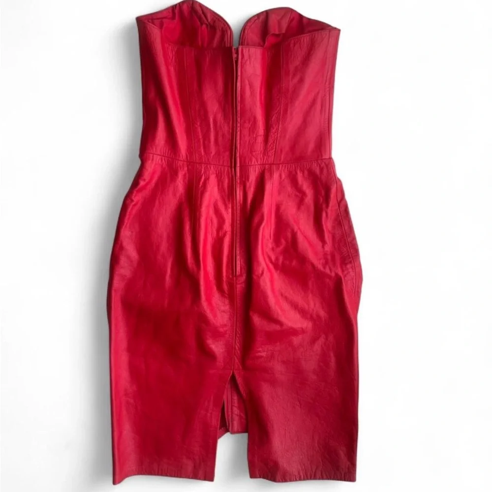 Karen Okada Vintage Red Leather Strapless Corset Midi Dress - XS - Picture 3 of 6